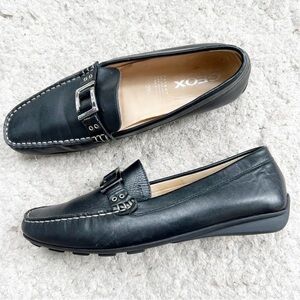 Geox Respira Black Leather Silver Buckle Women's Slip On Loafers Size 39.5